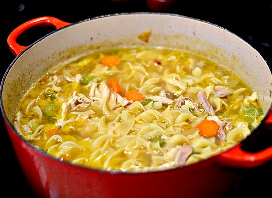 Homemade chicken noodle soup recipe with stock