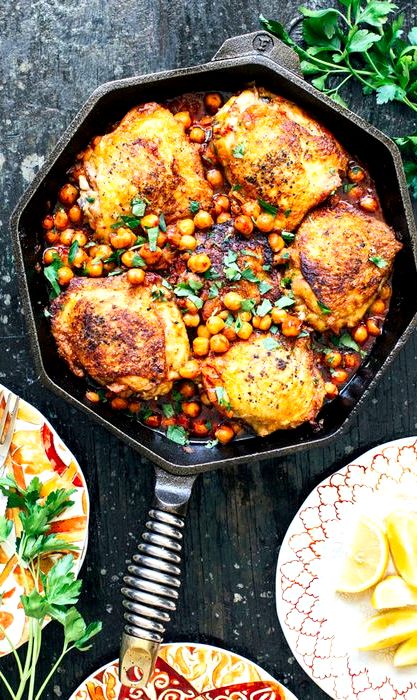 Pan-roasted chicken with harissa chickpeas recipe