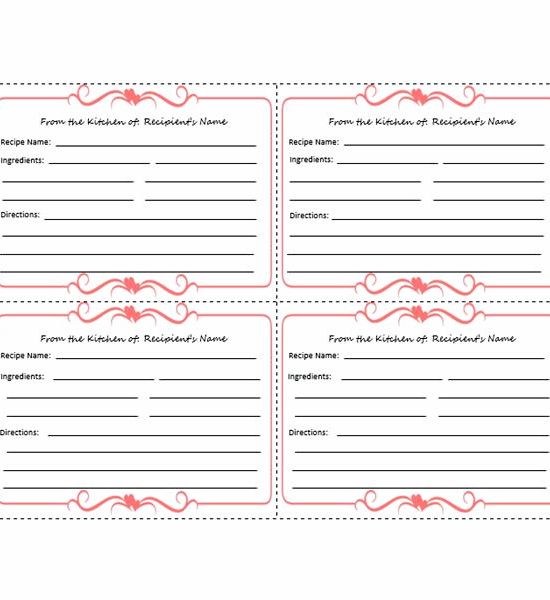 recipe card template for word 4 per page