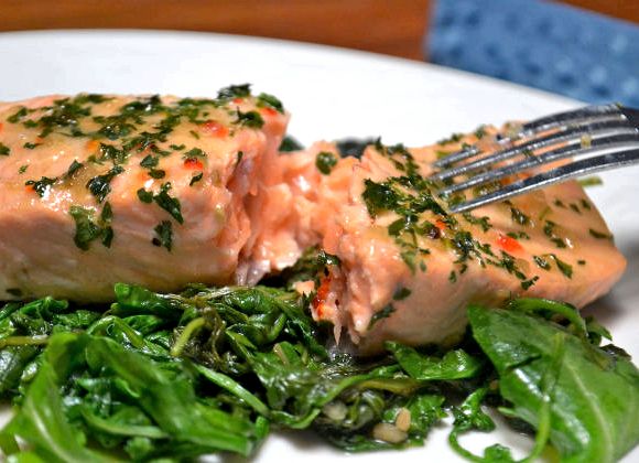 Salmon with wilted greens recipe