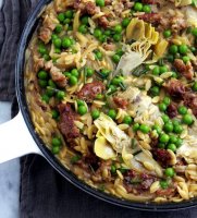 Orzo risotto with sausage and artichokes recipe