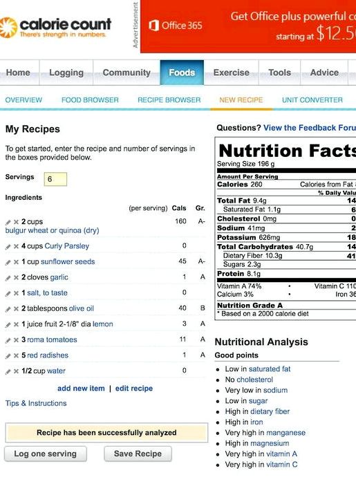 Calculate nutrition facts for recipe